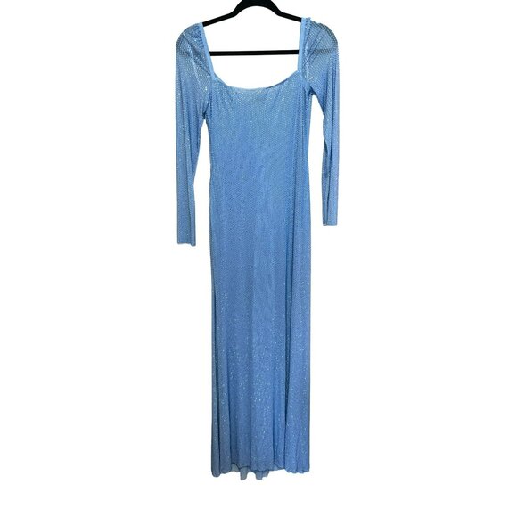 Self Portrait $870 Blue Iridescent Rhinestone Maxi Dress Formal Gown Size 4 NWT - Picture 8 of 10